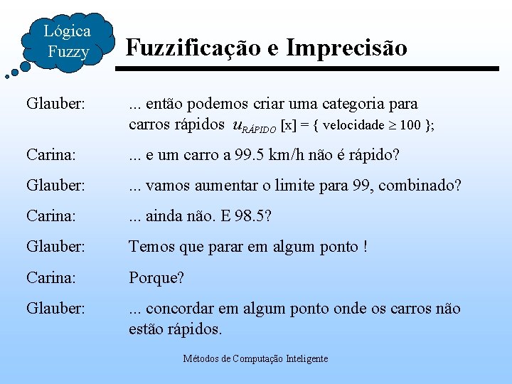 Lógica Fuzzy Fuzzificação e Imprecisão Glauber: . . . então podemos criar uma categoria