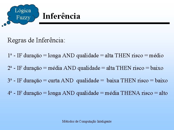 Lógica Fuzzy Inferência Regras de Inferência: 1ª - IF duração = longa AND qualidade