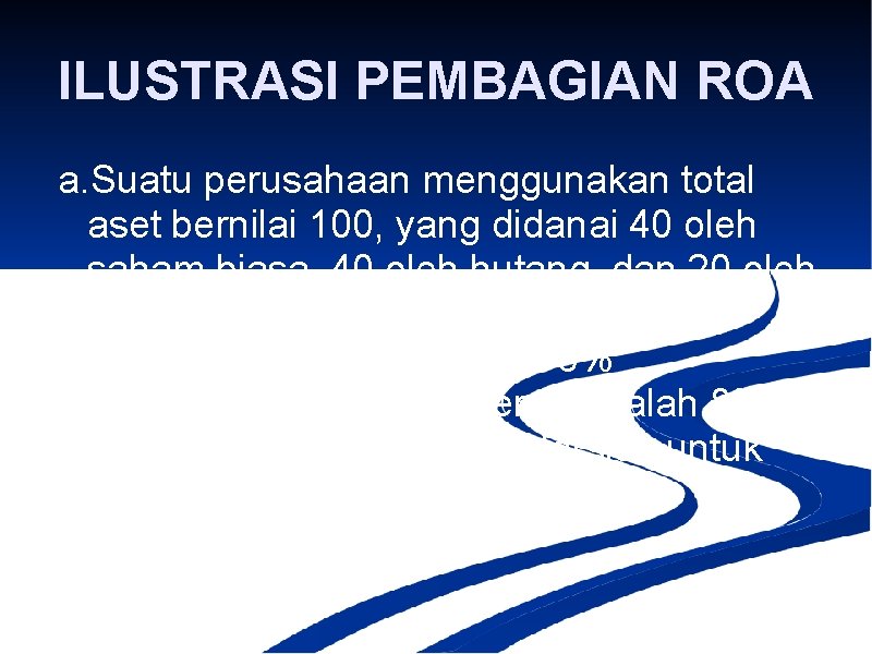 ILUSTRASI PEMBAGIAN ROA a. Suatu perusahaan menggunakan total aset bernilai 100, yang didanai 40