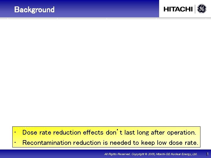 　Background • Dose rate reduction effects don’t last long after operation. • Recontamination reduction