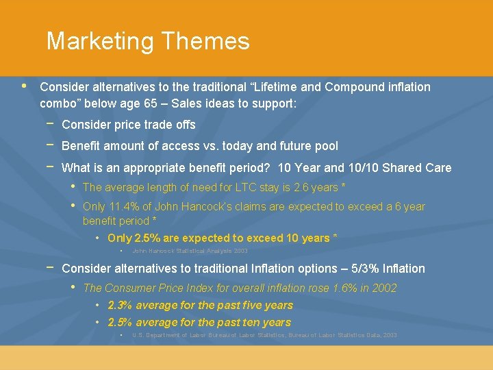 Marketing Themes • Consider alternatives to the traditional “Lifetime and Compound inflation combo” below
