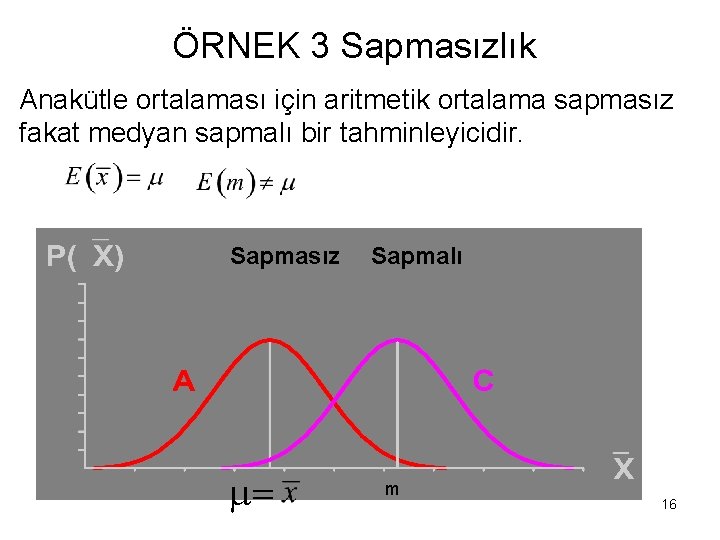 ÖRNEK 3 Sapmasızlık Anakütle ortalaması için aritmetik ortalama sapmasız fakat medyan sapmalı bir tahminleyicidir.