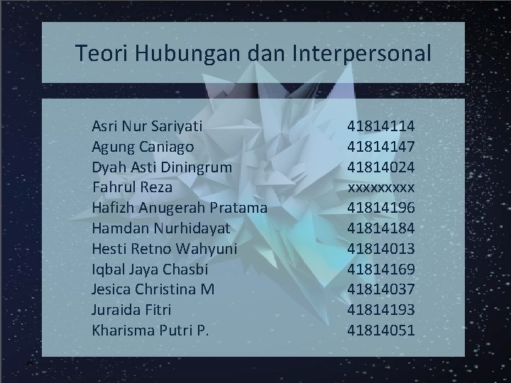 Teori Hubungan dan Interpersonal Asri Nur Sariyati Agung Caniago Dyah Asti Diningrum Fahrul Reza