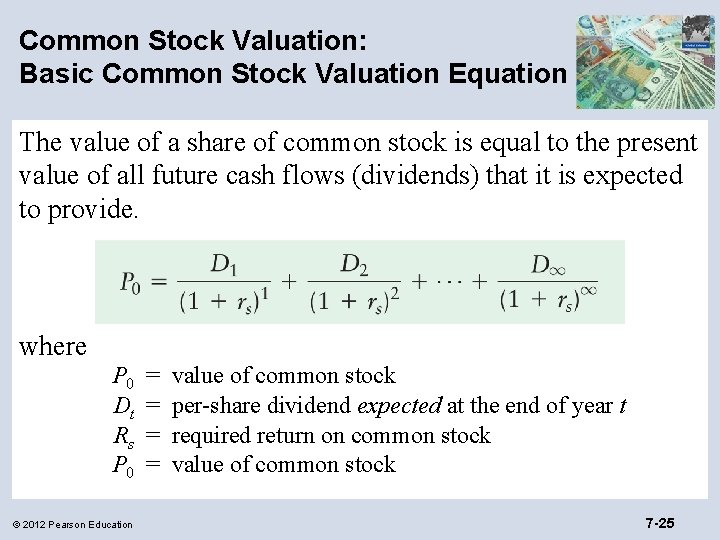 Common Stock Valuation: Basic Common Stock Valuation Equation The value of a share of