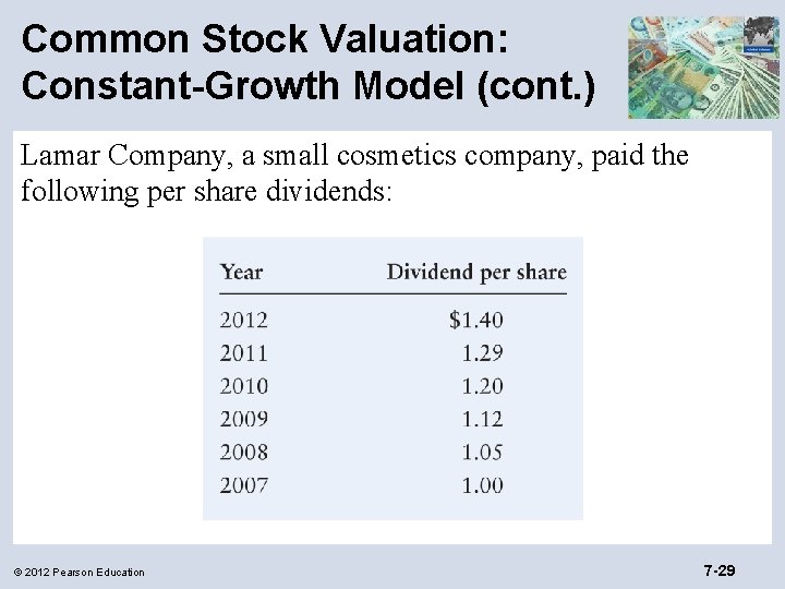 Common Stock Valuation: Constant-Growth Model (cont. ) Lamar Company, a small cosmetics company, paid