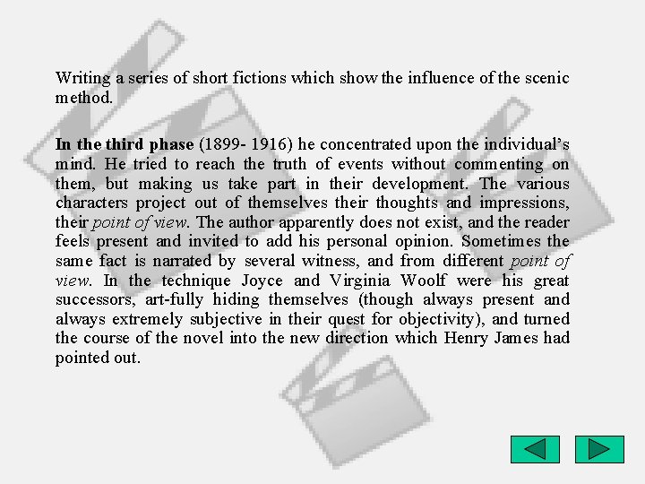 Writing a series of short fictions which show the influence of the scenic method.