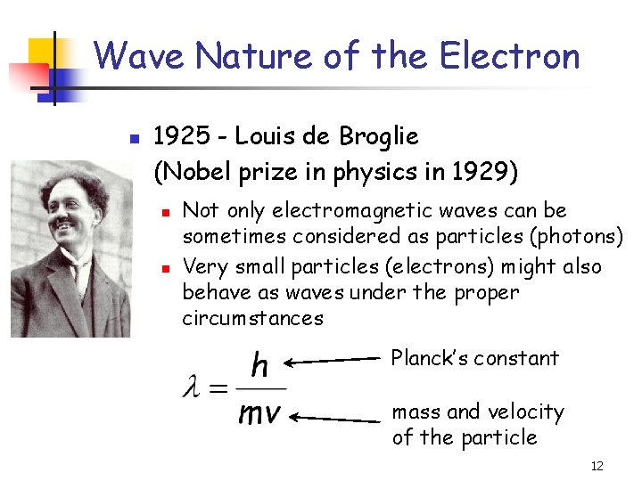 Wave Nature of the Electron n 1925 - Louis de Broglie (Nobel prize in