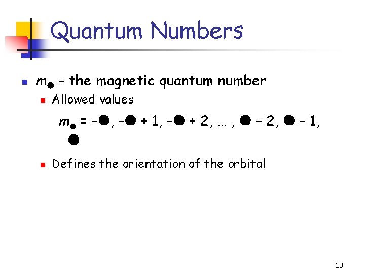 Quantum Numbers n m - the magnetic quantum number n Allowed values m =