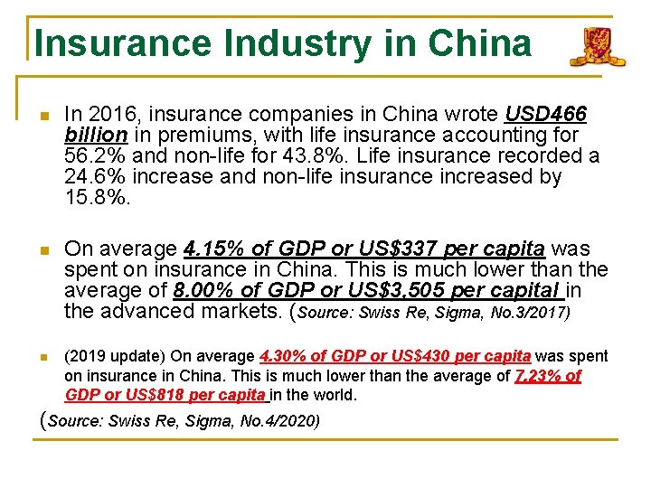 Insurance Industry in China n In 2016, insurance companies in China wrote USD 466