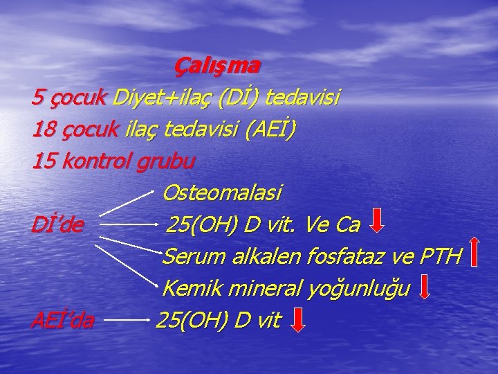 Çalışma 5 çocuk Diyet+ilaç (Dİ) tedavisi 18 çocuk ilaç tedavisi (AEİ) 15 kontrol grubu