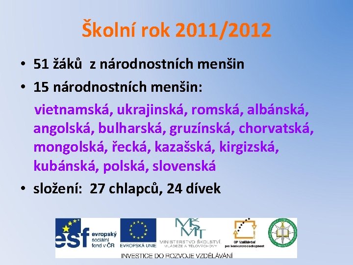 Školní rok 2011/2012 • 51 žáků z národnostních menšin • 15 národnostních menšin: vietnamská,