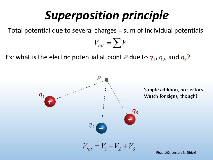 Superposition principle Total potential due to several charges = sum of individual potentials Ex: