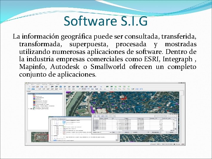 Software S. I. G La información geográfica puede ser consultada, transferida, transformada, superpuesta, procesada Software S. I. G La información geográfica puede ser consultada, transferida, transformada, superpuesta, procesada