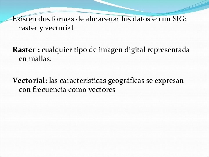 Existen dos formas de almacenar los datos en un SIG: raster y vectorial. Raster Existen dos formas de almacenar los datos en un SIG: raster y vectorial. Raster