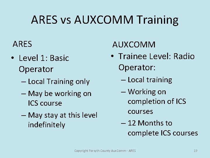 ARES vs AUXCOMM Training ARES • Level 1: Basic Operator AUXCOMM • Trainee Level: