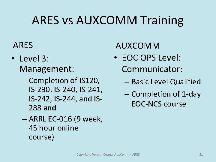 ARES vs AUXCOMM Training ARES • Level 3: Management: AUXCOMM • EOC OPS Level: