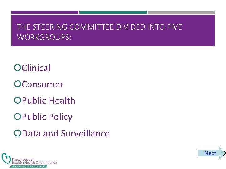 THE STEERING COMMITTEE DIVIDED INTO FIVE WORKGROUPS: Clinical Consumer Public Health Public Policy Data