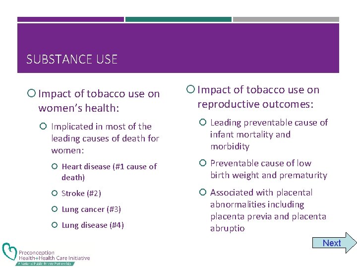 SUBSTANCE USE Impact of tobacco use on women’s health: reproductive outcomes: Implicated in most