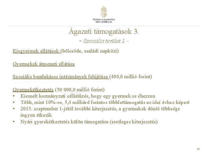Ágazati támogatások 3. - Szociális terület I. Kisgyermek ellátások (bölcsőde, családi napközi) Gyermekek átmeneti Ágazati támogatások 3. - Szociális terület I. Kisgyermek ellátások (bölcsőde, családi napközi) Gyermekek átmeneti