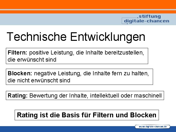 Technische Entwicklungen Filtern: positive Leistung, die Inhalte bereitzustellen, die erwünscht sind Blocken: negative Leistung,