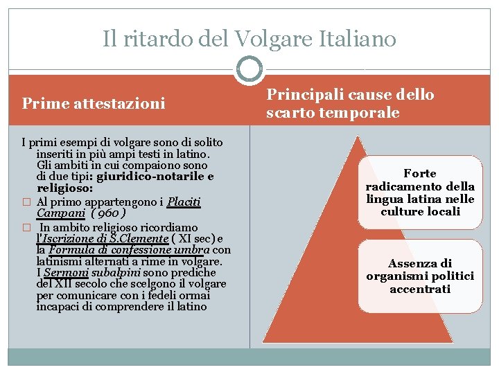 Il ritardo del Volgare Italiano Prime attestazioni I primi esempi di volgare sono di