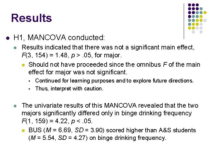 Results l H 1, MANCOVA conducted: l Results indicated that there was not a