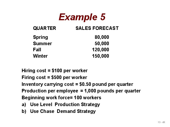 Example 5 QUARTER Spring Summer Fall Winter SALES FORECAST 80, 000 50, 000 120,