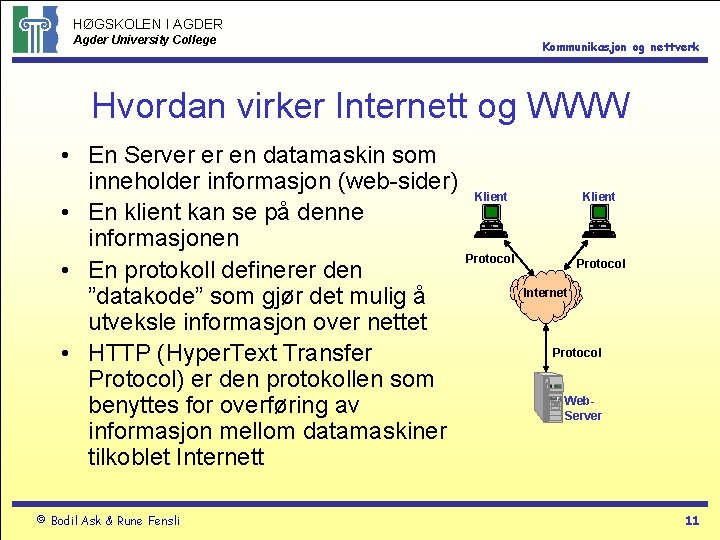 HØGSKOLEN I AGDER Agder University College Kommunikasjon og nettverk Hvordan virker Internett og WWW