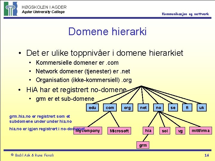 HØGSKOLEN I AGDER Agder University College Kommunikasjon og nettverk Domene hierarki • Det er