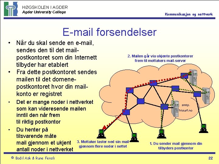 HØGSKOLEN I AGDER Agder University College Kommunikasjon og nettverk E-mail forsendelser • Når du