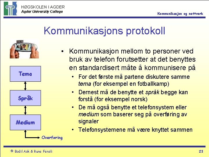 HØGSKOLEN I AGDER Agder University College Kommunikasjon og nettverk Kommunikasjons protokoll • Kommunikasjon mellom