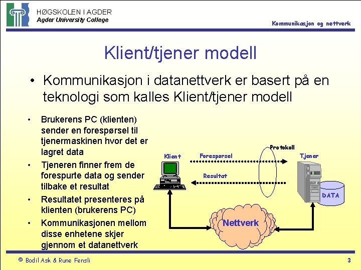 HØGSKOLEN I AGDER Agder University College Kommunikasjon og nettverk Klient/tjener modell • Kommunikasjon i