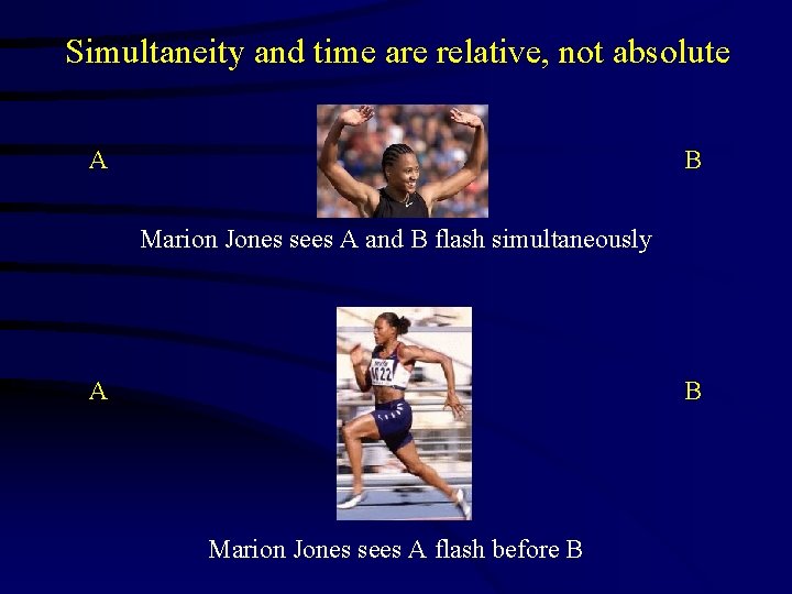 Simultaneity and time are relative, not absolute A B Marion Jones sees A and