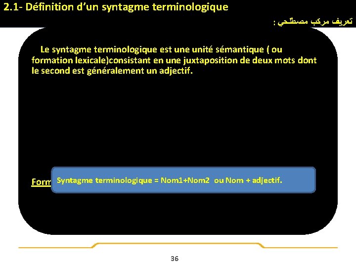 2. 1 - Définition d’un syntagme terminologique : ﺗﻌﺮﻳﻒ ﻣﺮﻛﺐ ﻣﺼﻄﻠﺤﻲ Le syntagme terminologique