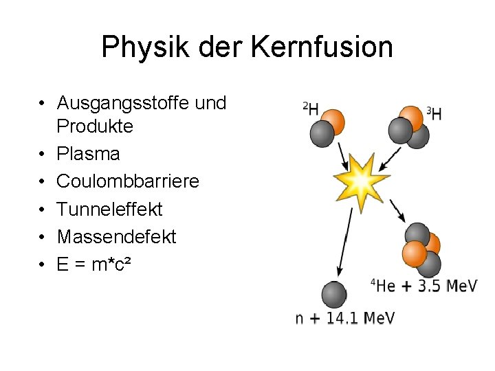 Physik der Kernfusion • Ausgangsstoffe und Produkte • Plasma • Coulombbarriere • Tunneleffekt •