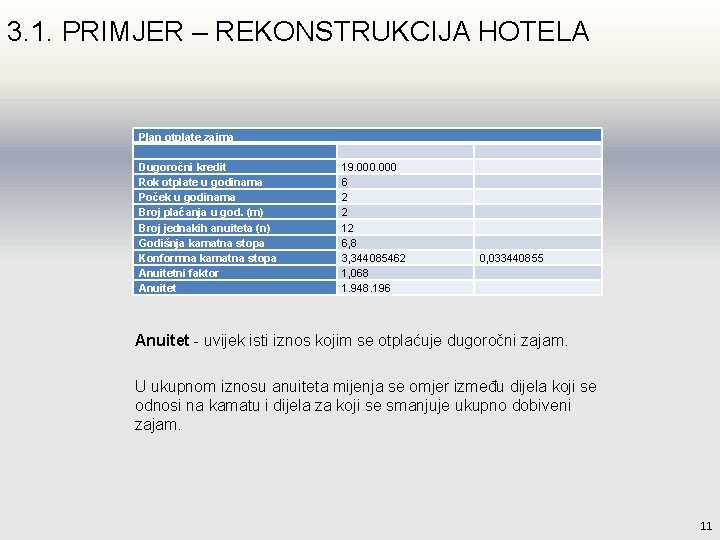 3. 1. PRIMJER – REKONSTRUKCIJA HOTELA Plan otplate zajma Dugoročni kredit Rok otplate u