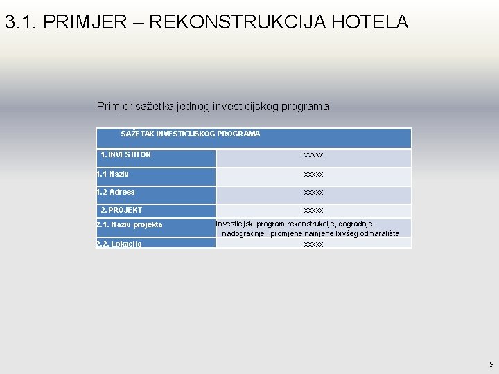 3. 1. PRIMJER – REKONSTRUKCIJA HOTELA Primjer sažetka jednog investicijskog programa SAŽETAK INVESTICIJSKOG PROGRAMA