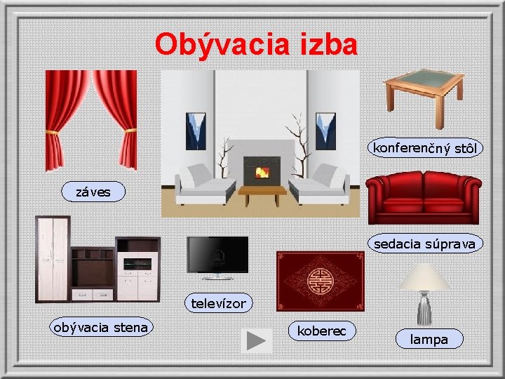 Obývacia izba konferenčný stôl záves sedacia súprava televízor obývacia stena koberec lampa 