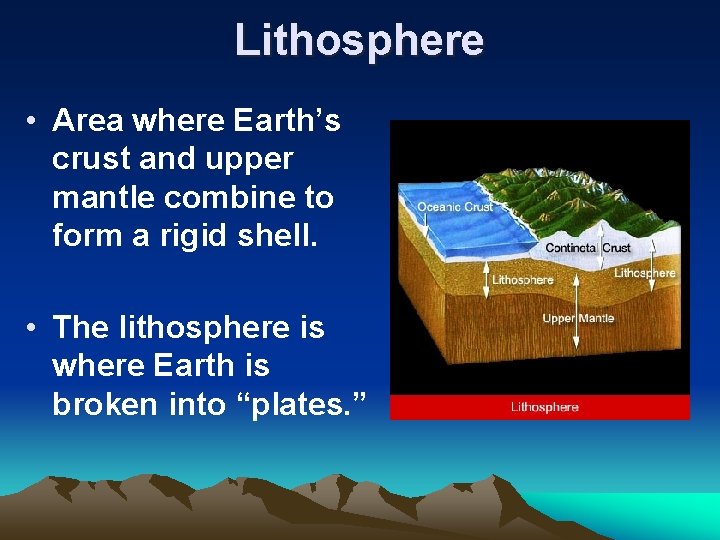 Lithosphere • Area where Earth’s crust and upper mantle combine to form a rigid