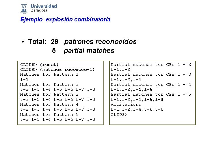 Ejemplo explosión combinatoria • Total: 29 patrones reconocidos 5 partial matches CLIPS> (reset) CLIPS>