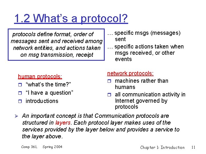 1. 2 What’s a protocol? … specific msgs (messages) protocols define format, order of