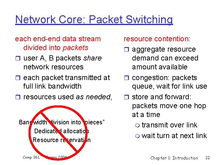 Network Core: Packet Switching each end-end data stream divided into packets r user A,