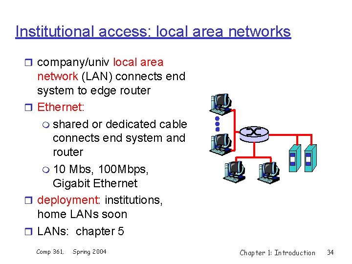 Institutional access: local area networks r company/univ local area network (LAN) connects end system