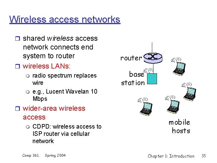 Wireless access networks r shared wireless access network connects end system to router r