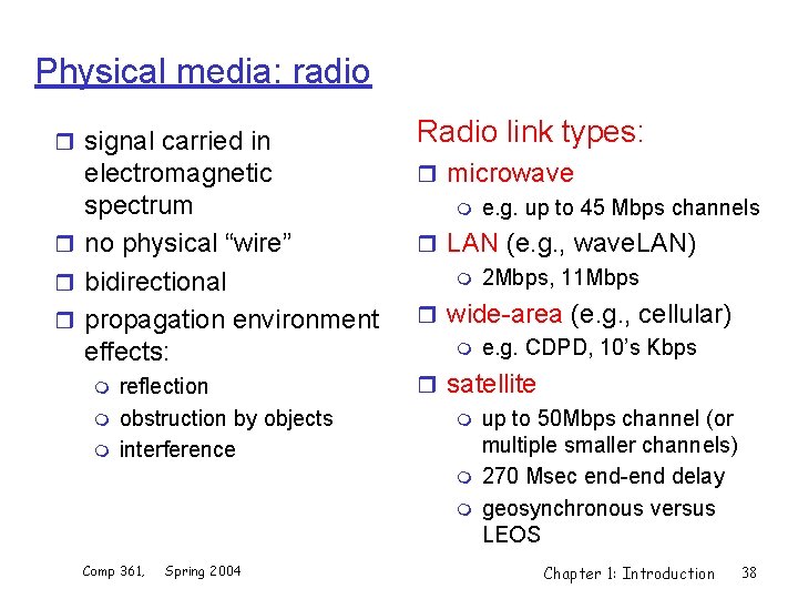 Physical media: radio r signal carried in Radio link types: electromagnetic spectrum r no