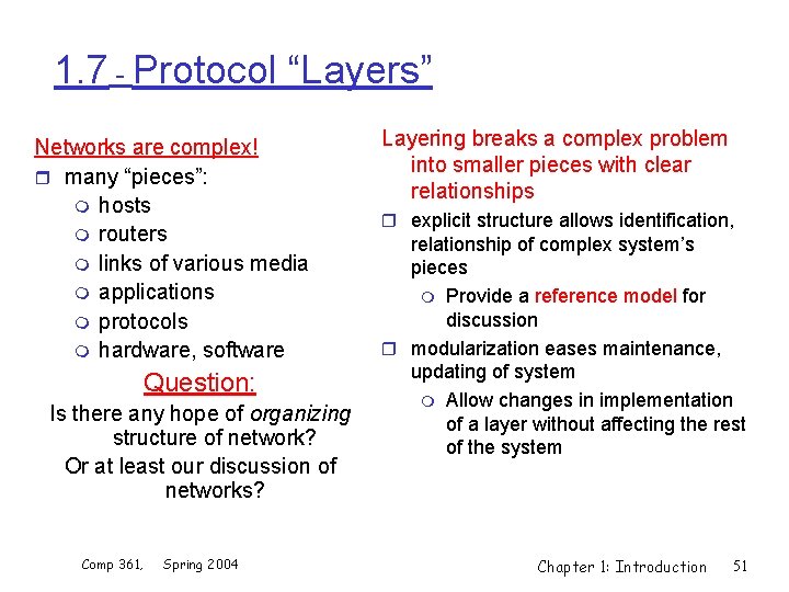 1. 7 - Protocol “Layers” Networks are complex! r many “pieces”: m hosts m