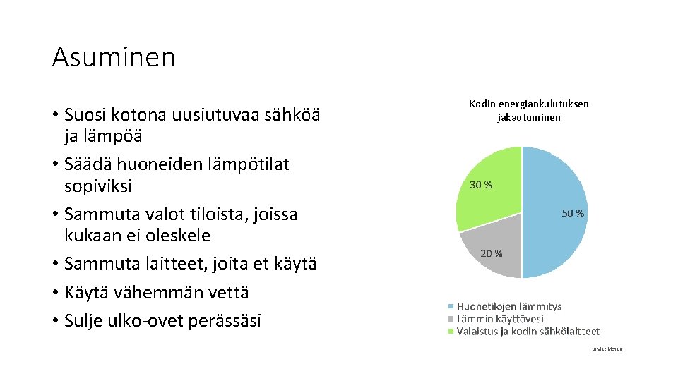 Asuminen • Suosi kotona uusiutuvaa sähköä ja lämpöä • Säädä huoneiden lämpötilat sopiviksi •