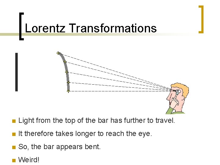 Lorentz Transformations ■ Light from the top of the bar has further to travel.