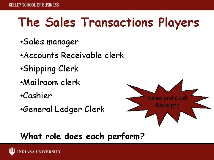 The Sales Transactions Players • Sales manager • Accounts Receivable clerk • Shipping Clerk