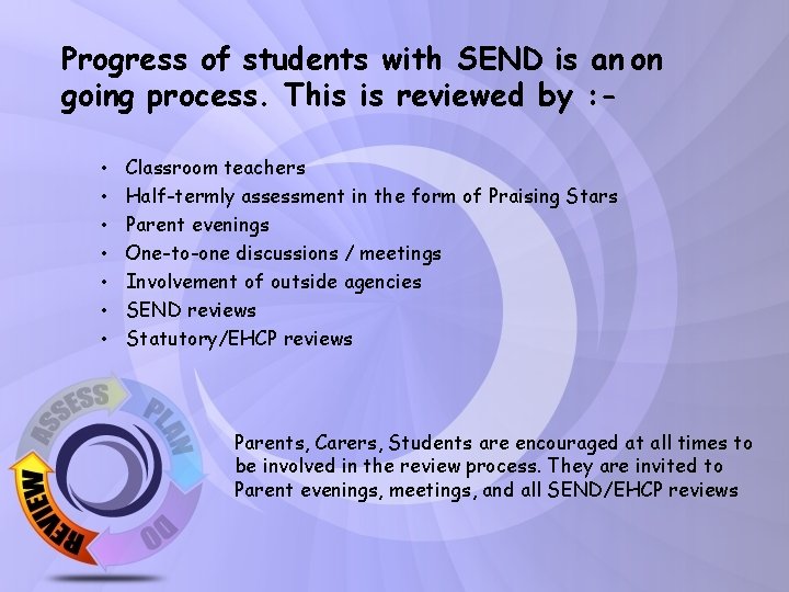 Progress of students with SEND is an on going process. This is reviewed by